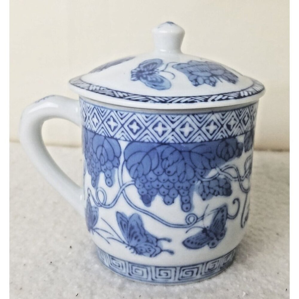Tea cup mug China Porcelain Blue White‎ Coffee Lidded 8oz Butterfly Floral
